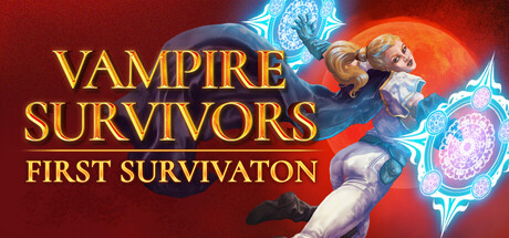 Vampire Survivors key art: a survivor before a blood-red moon with twin spell crests